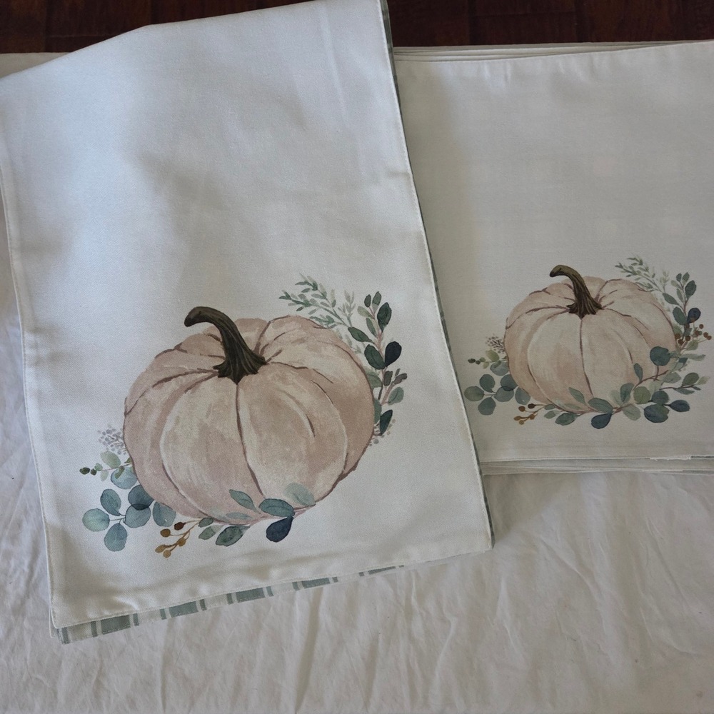 Pumpkin Placemats Set of 12 & Table Runner Reversible Fall Autumn Plaid Back